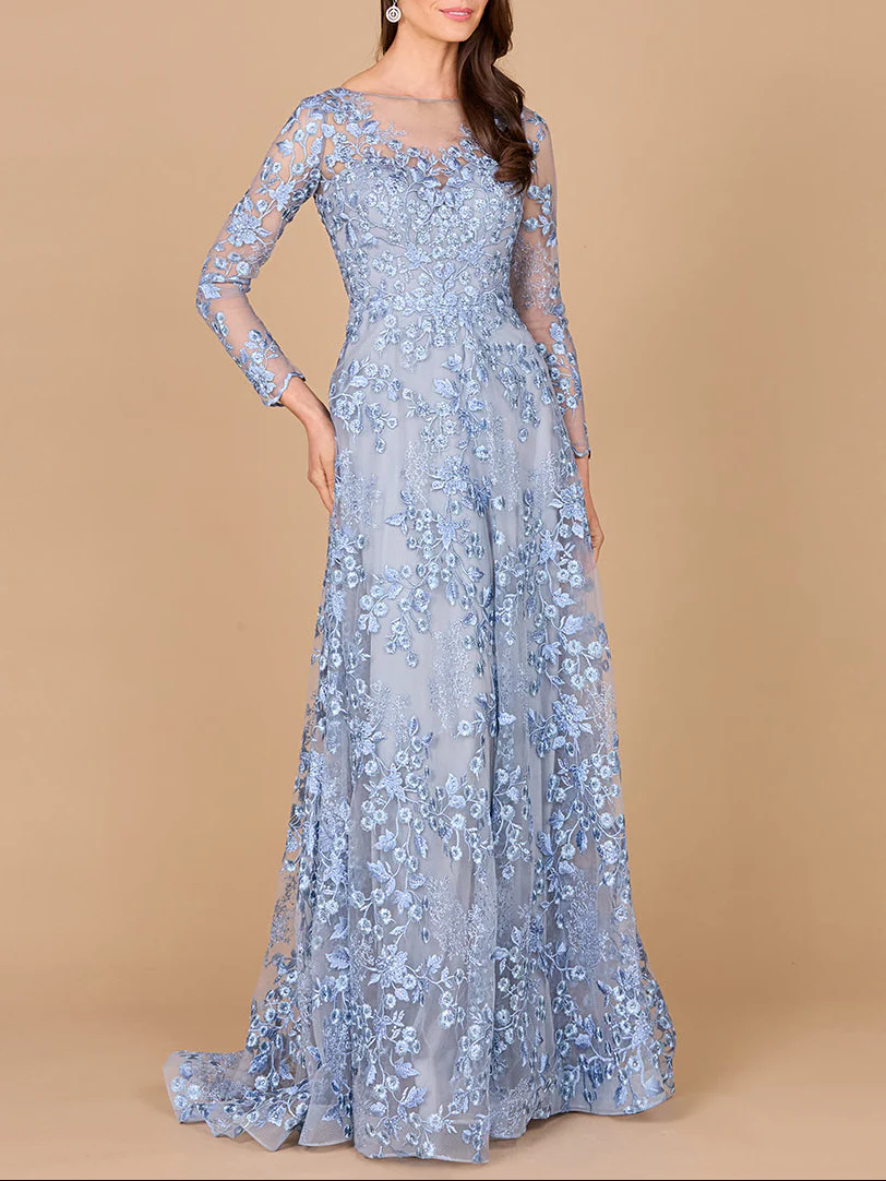 Illusion Neckline, Long Sleeves Gown