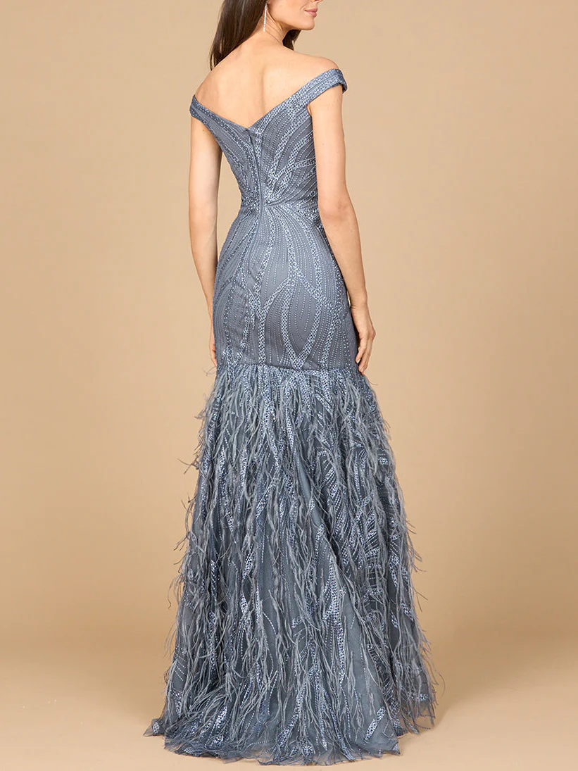 Off Shoulder Mermaid Beaded Gown with Feathers - Image 2