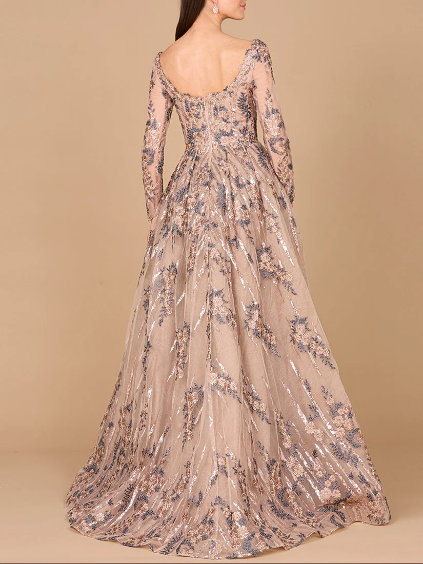 Long Sleeve Scoop Neck Lace Gown with Overskirt - Image 2