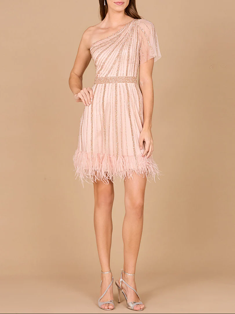 One Shoulder Cocktail Dress with Feathers
