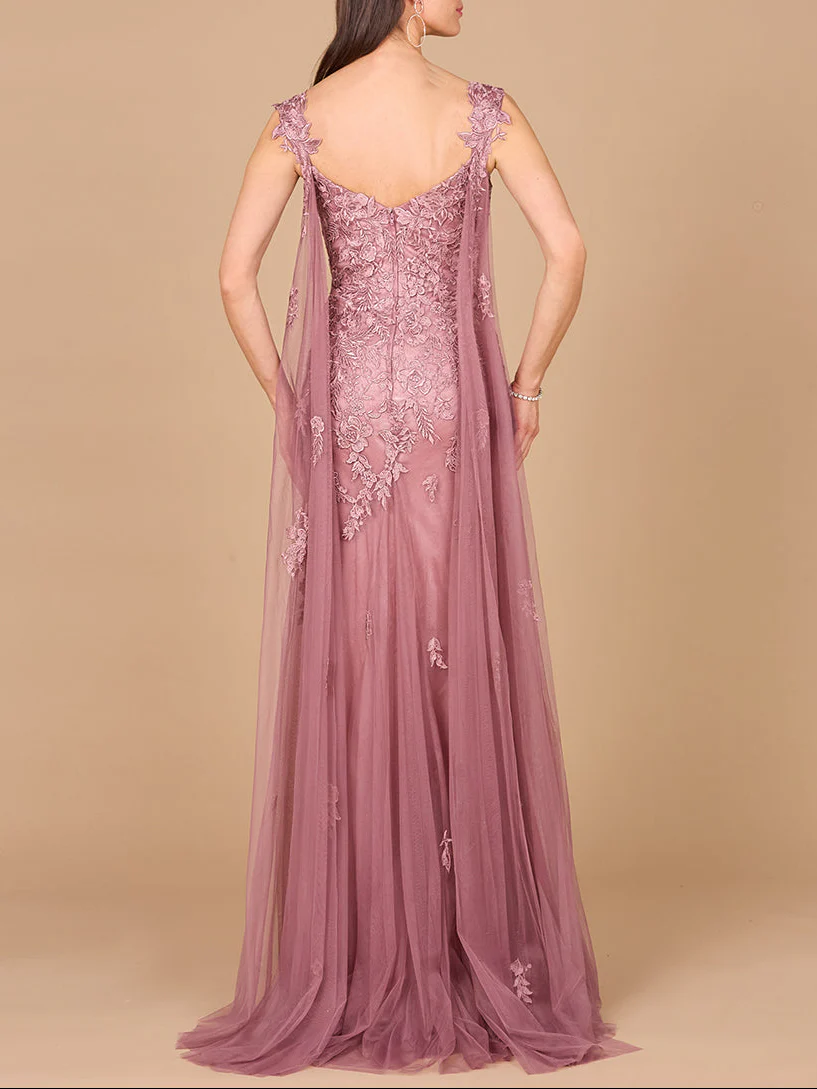Embroidered Lace Gown with Flowing Capes - Image 2