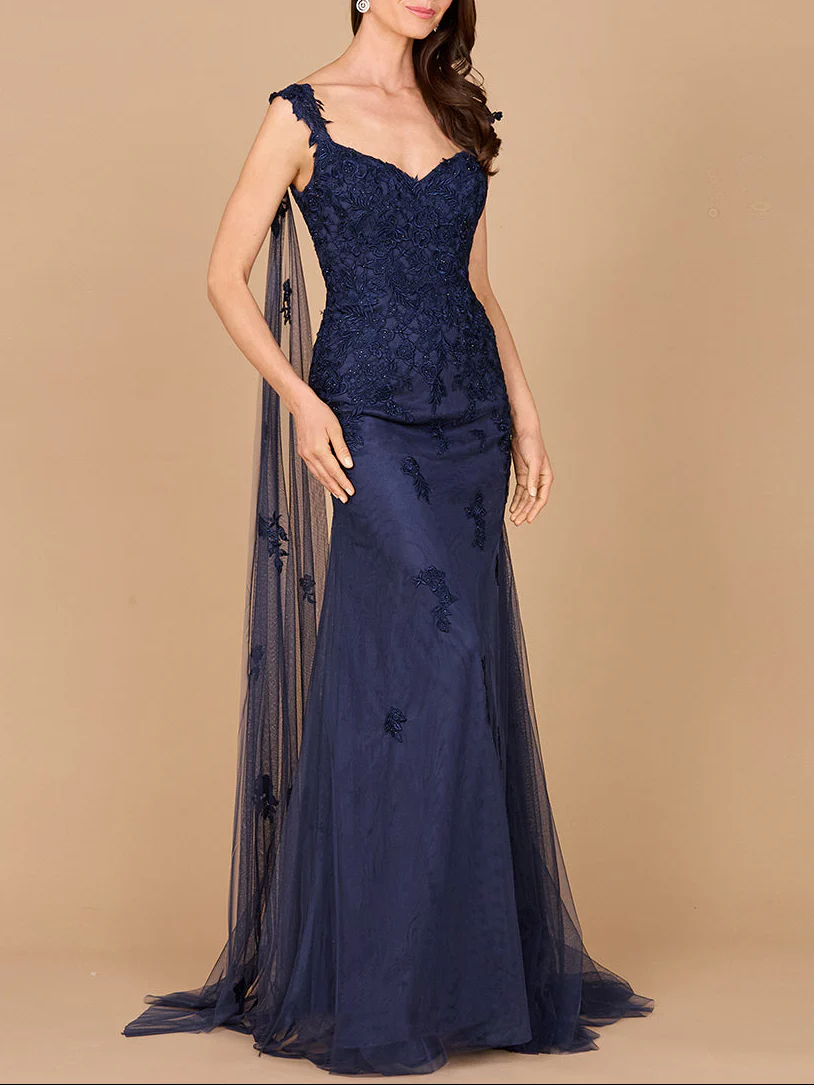 Embroidered Lace Gown with Flowing Capes - Image 3