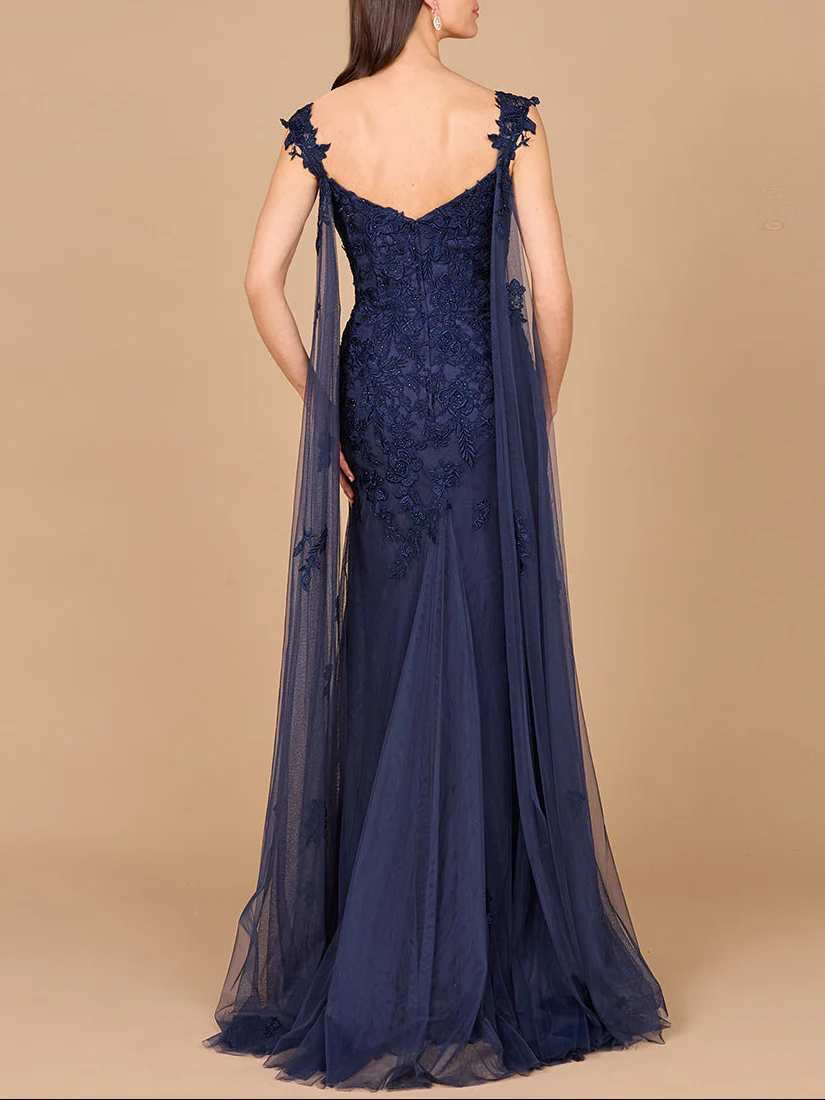 Embroidered Lace Gown with Flowing Capes - Image 4