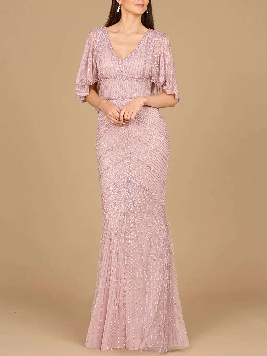 Cape Sleeve Beaded Gown