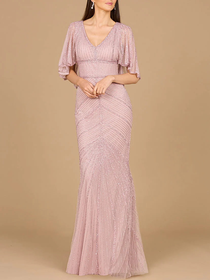 Cape Sleeve Beaded Gown - Image 2