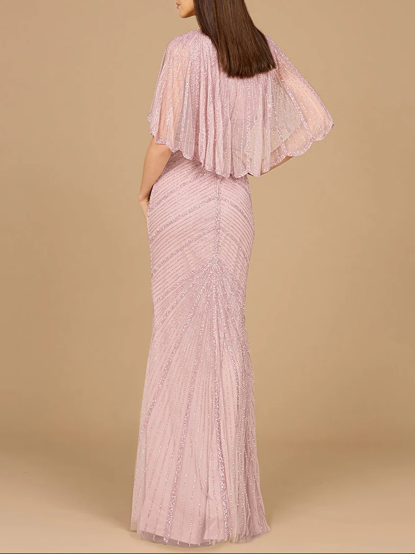 Cape Sleeve Beaded Gown - Image 3
