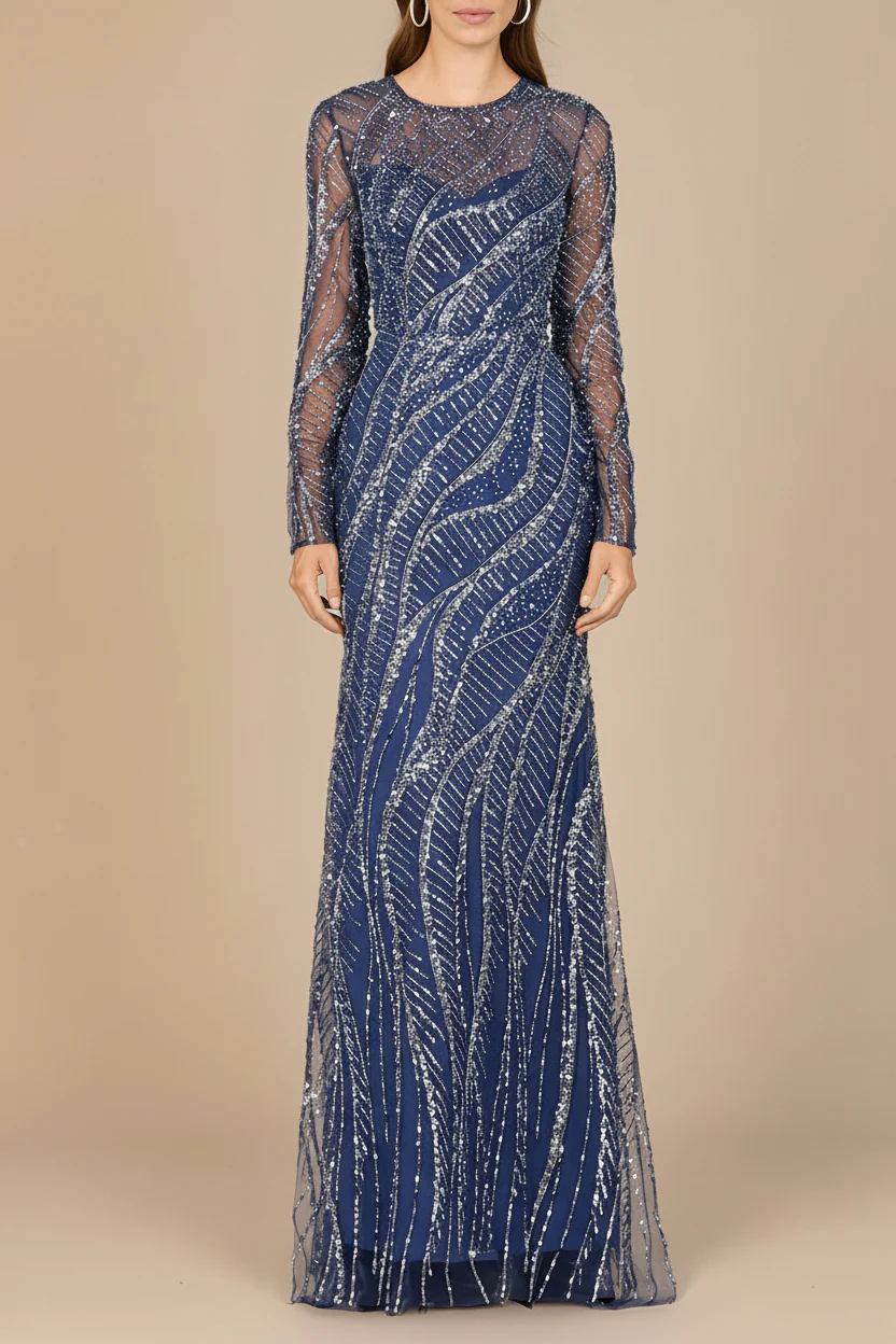 Long Sleeve Sheath Gown with Silver Beads