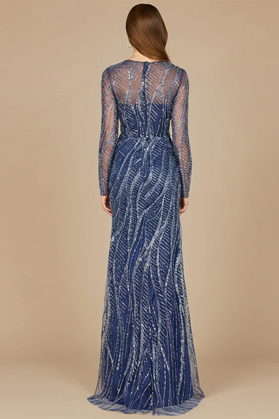 Long Sleeve Sheath Gown with Silver Beads - Image 2