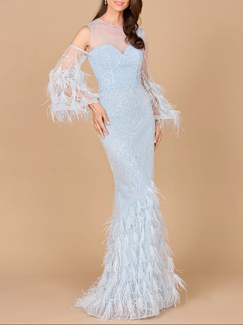 Cold Shoulder Mermaid Lace Gown with Feathers - OUTLET