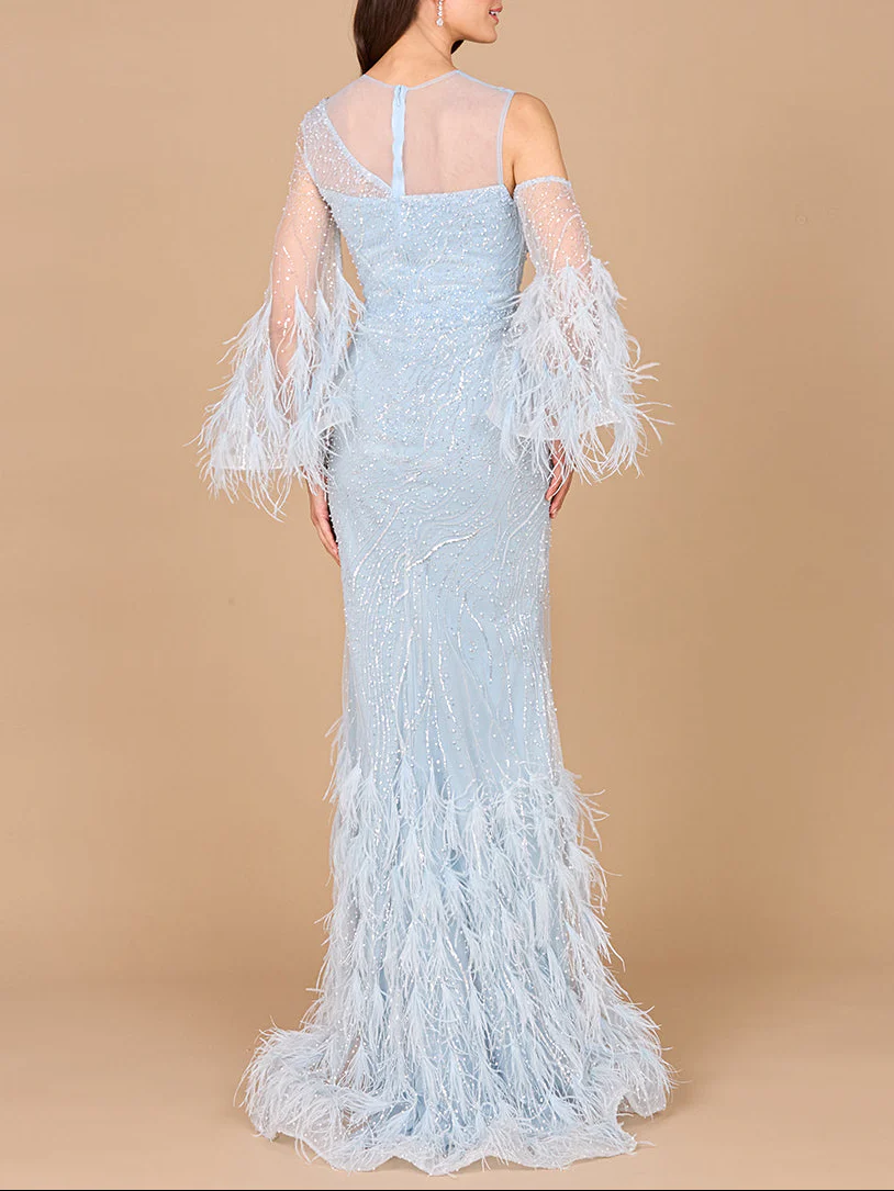 Cold Shoulder Mermaid Lace Gown with Feathers - OUTLET - Image 2