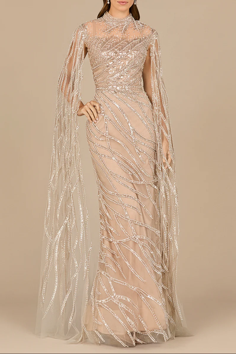 High Neck Gown with Long Cape Sleeves - Image 3