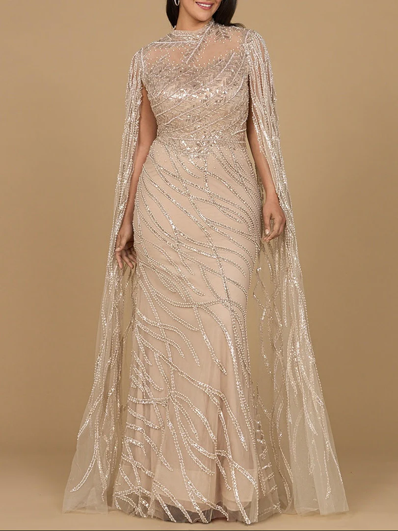 High Neck Gown with Long Cape Sleeves - Image 4