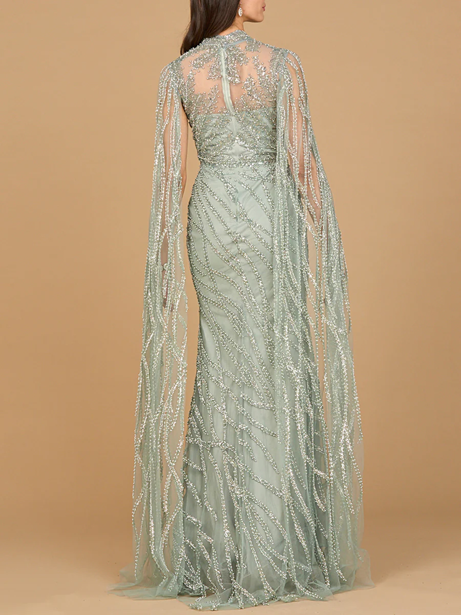 High Neck Gown with Long Cape Sleeves - Image 7