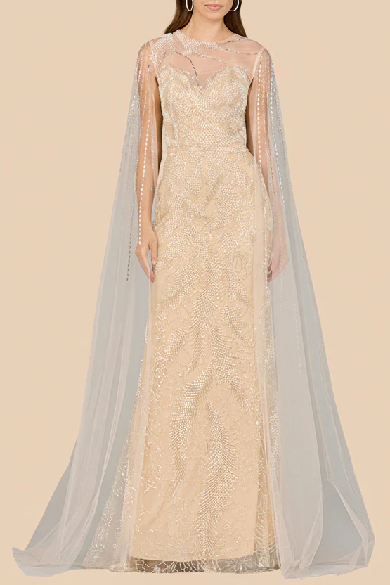Long Cape Beaded Gown