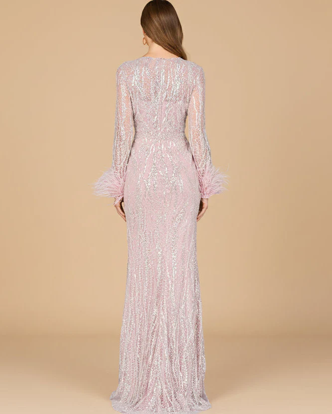 Long Sleeve Sheath Gown with Feathers - Image 2