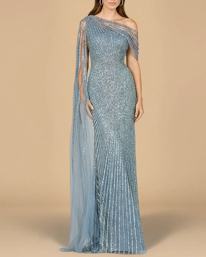 One Shoulder Fitted Gown with Cape Sleeve | Lara 29051 - Image 4