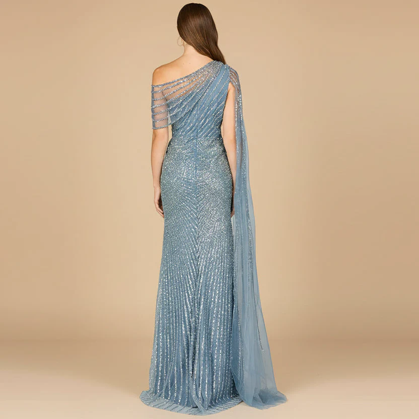 One Shoulder Fitted Gown with Cape Sleeve | Lara 29051 - Image 6