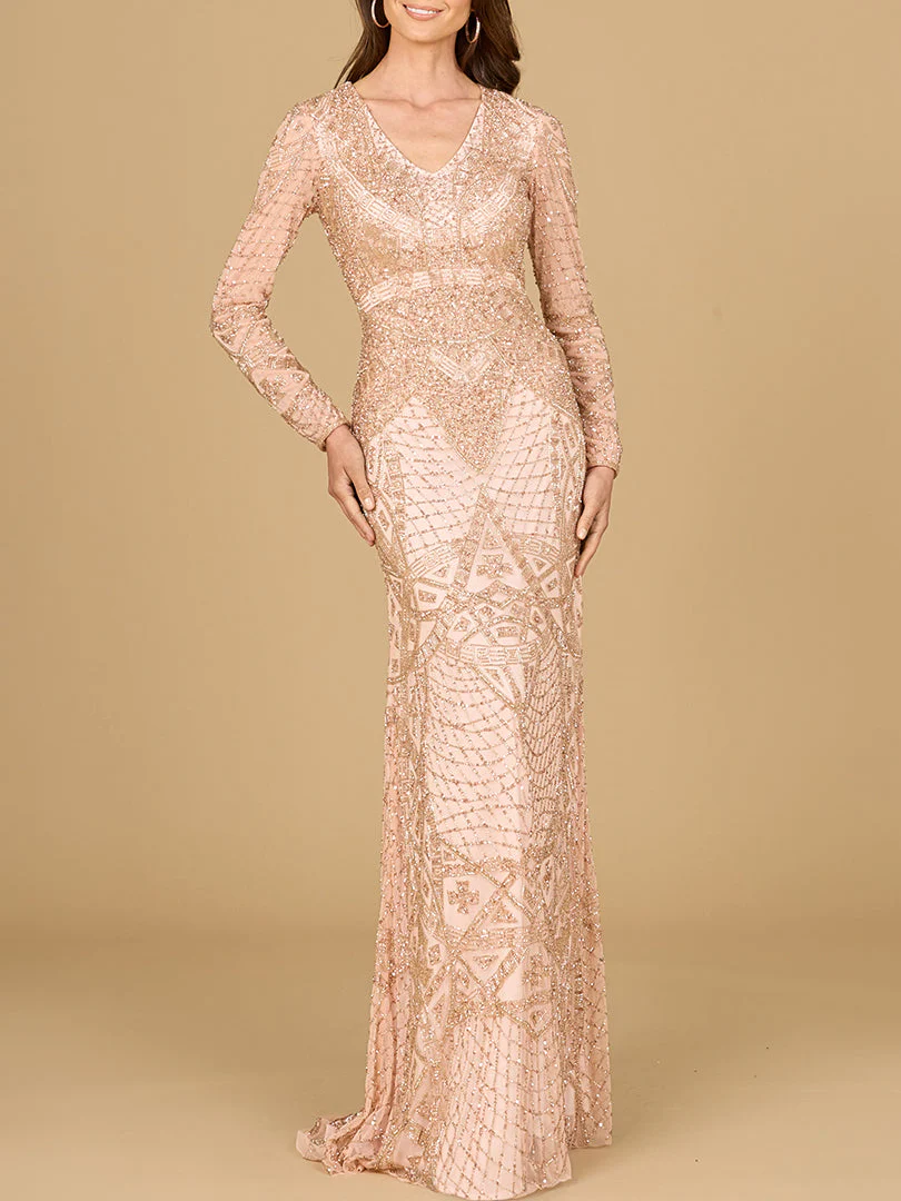 Beaded Long Sleeve V-neck Gown - Image 2