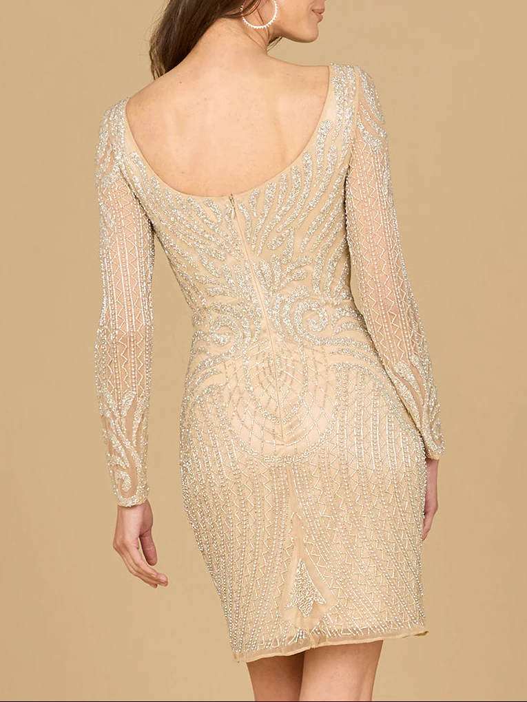 Long Sleeve Cocktail Dress with Illusion Neckline - Image 5