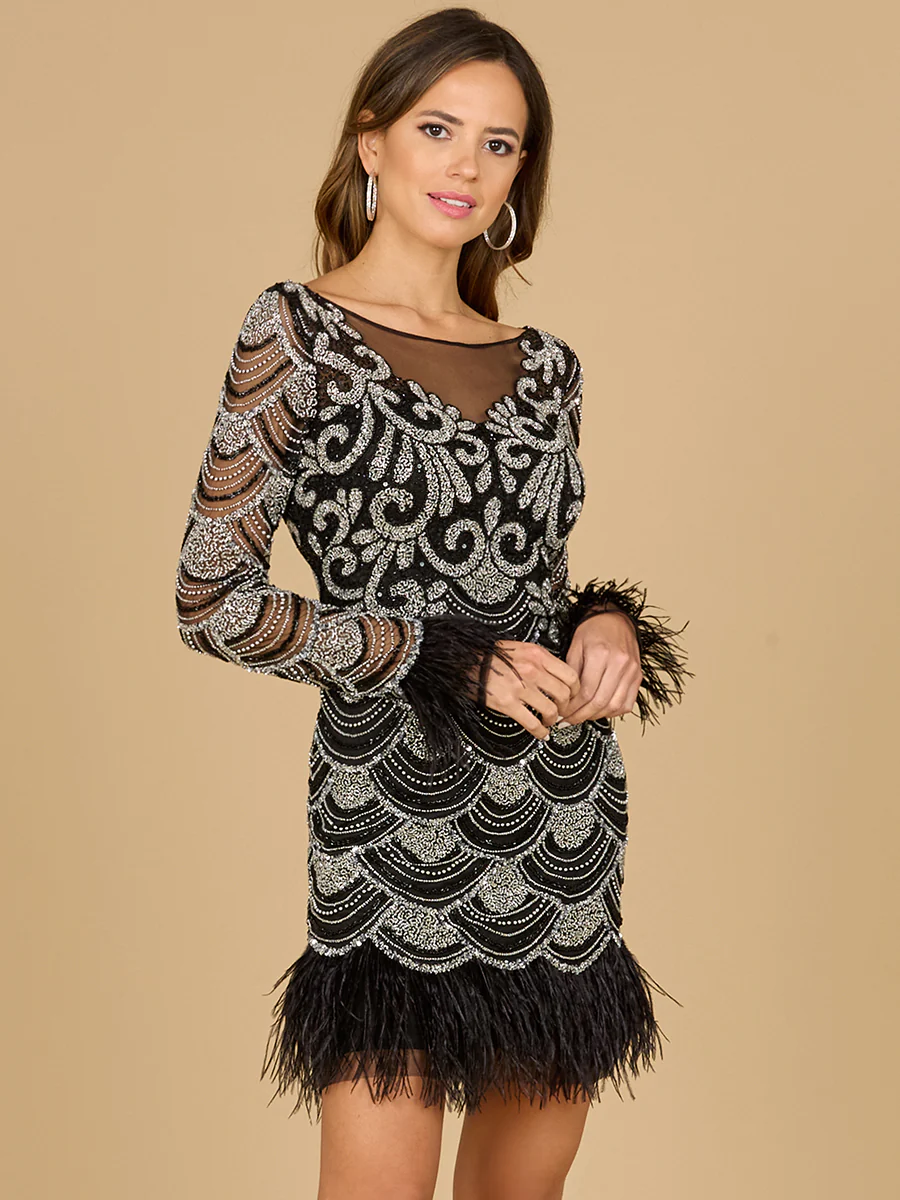 Beaded Short Dress with Feathers and Sleeves - Image 3