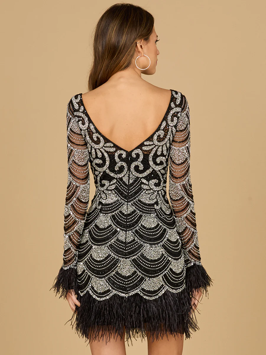 Beaded Short Dress with Feathers and Sleeves - Image 4