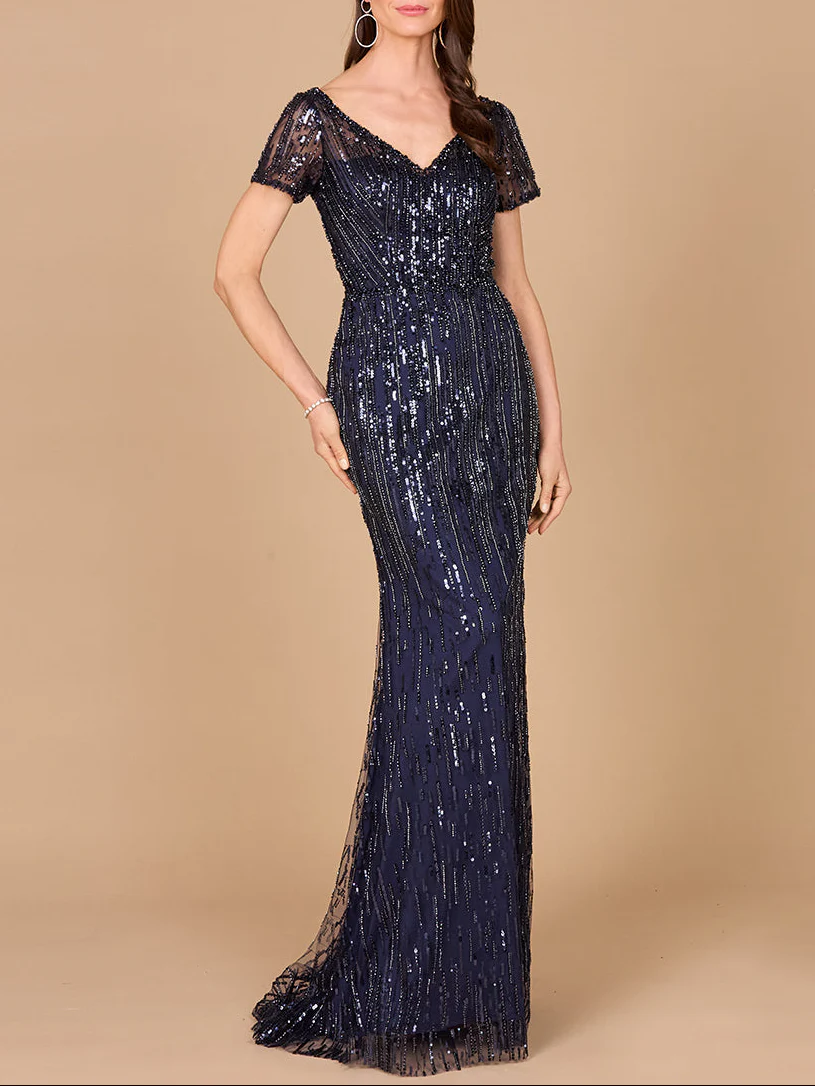 Short Sleeve, Beaded Mermaid Gown - Image 2