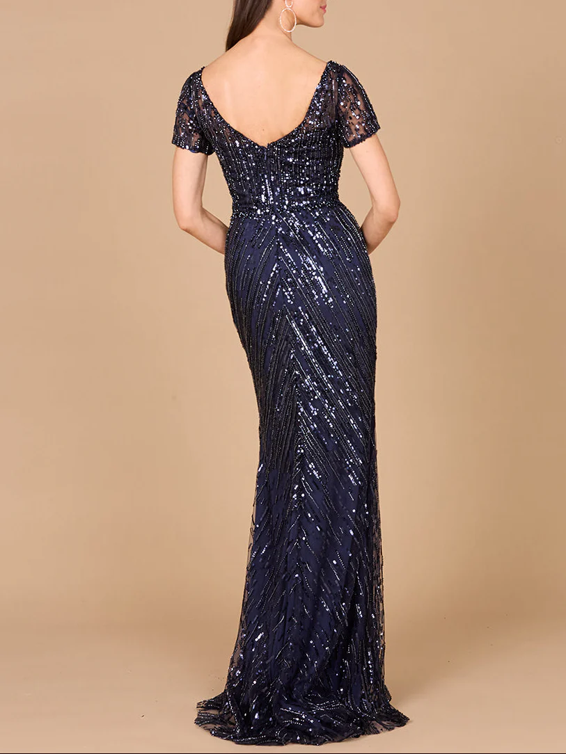 Short Sleeve, Beaded Mermaid Gown - Image 3