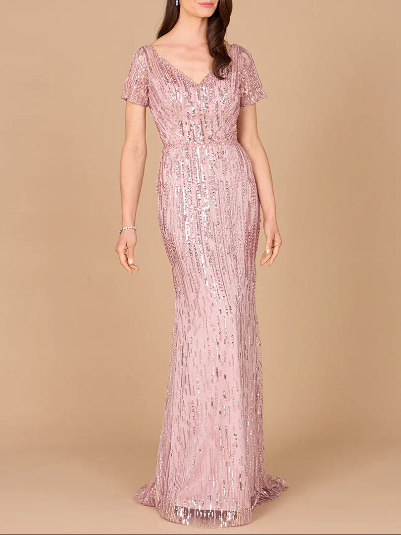 Short Sleeve, Beaded Mermaid Gown - Image 4