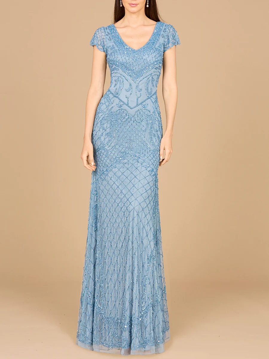Beaded Cap Sleeve Gown With V-Neckline - OUTLET