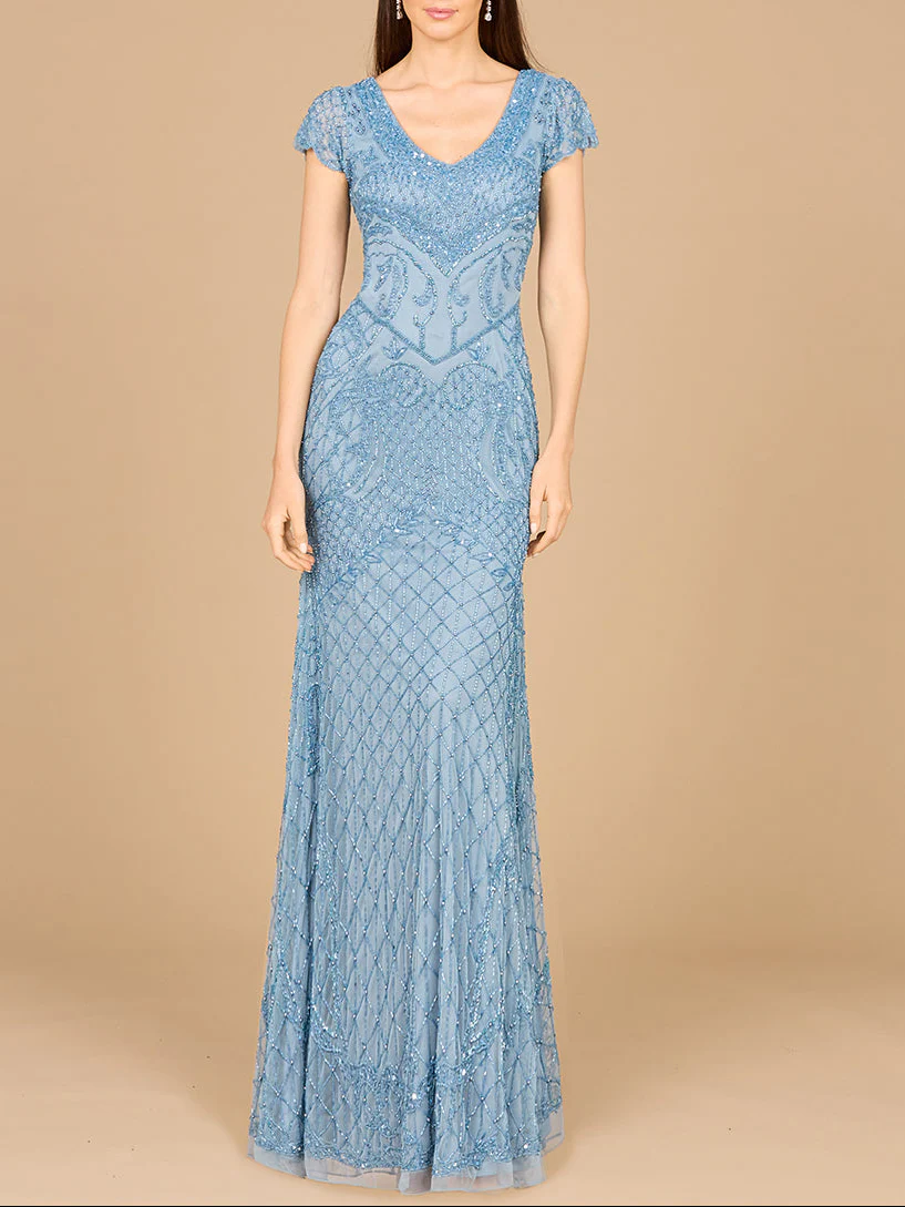 Beaded Cap Sleeve Gown With V-Neckline - OUTLET - Image 2