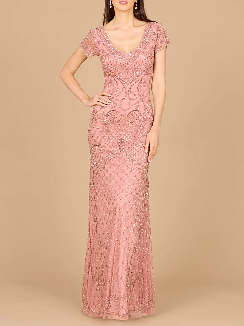 Beaded Cap Sleeve Gown With V-Neckline - OUTLET - Image 3