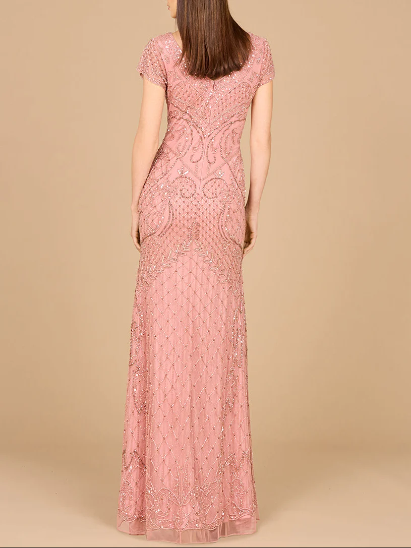 Beaded Cap Sleeve Gown With V-Neckline - OUTLET - Image 4