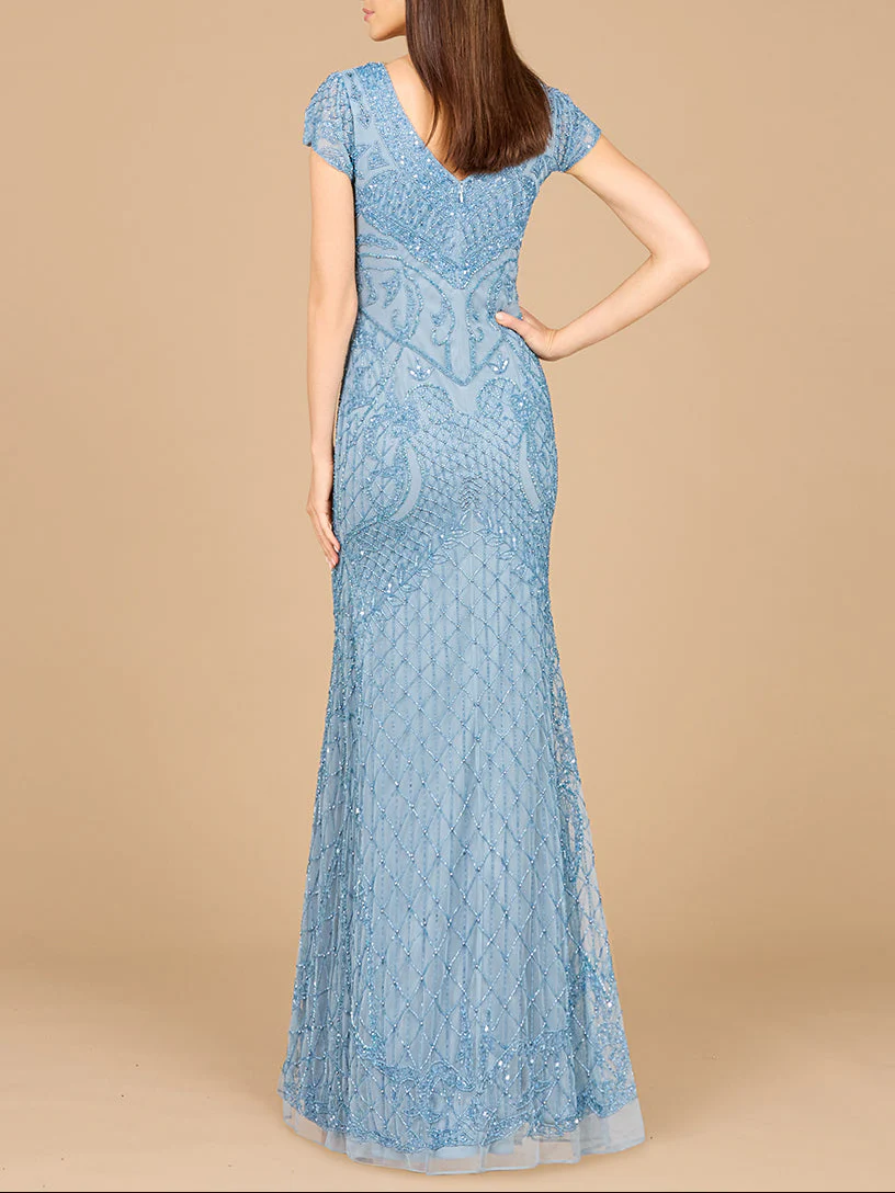 Beaded Cap Sleeve Gown With V-Neckline - OUTLET - Image 5