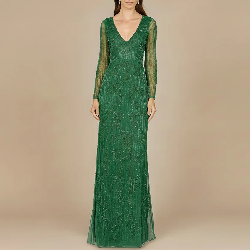 Elegant Long Sleeve Beaded Gown - OUTLET