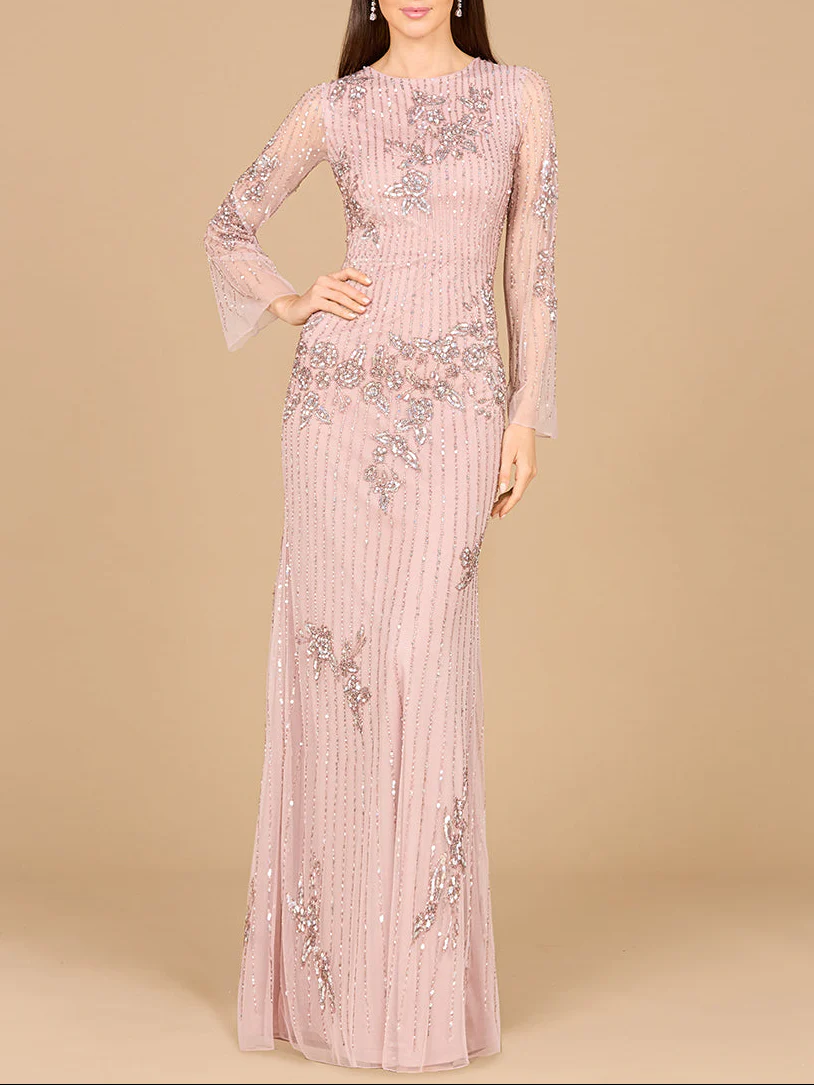 Long Sleeve, High Neck Beaded Gown - OUTLET - Image 3