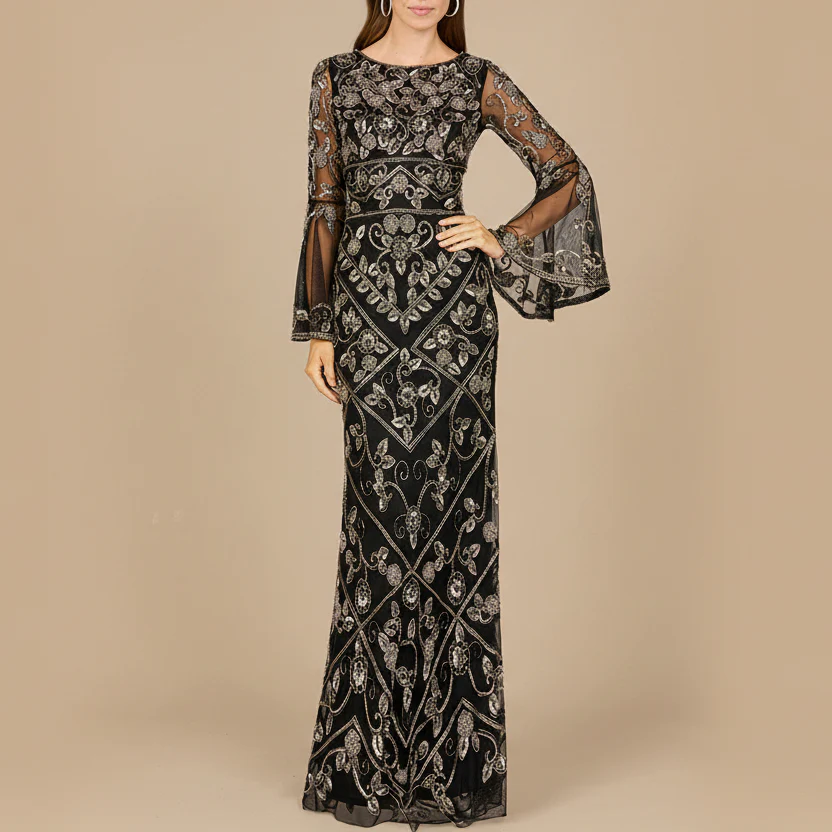 Bell Sleeved High Neck Beaded Gown