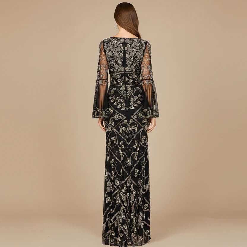 Bell Sleeved High Neck Beaded Gown - Image 2