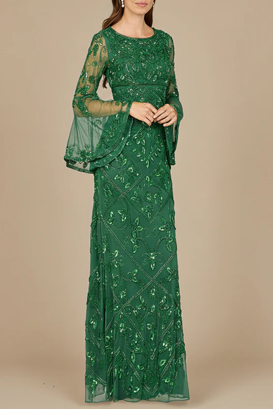 Bell Sleeved High Neck Beaded Gown - Image 3