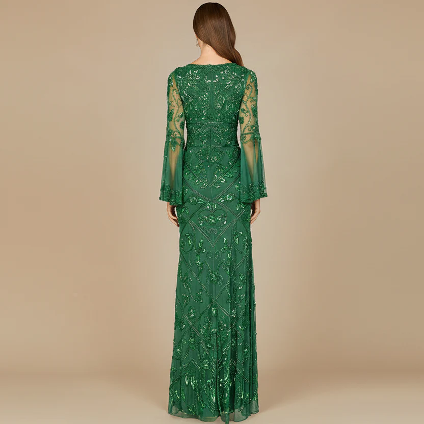 Bell Sleeved High Neck Beaded Gown - Image 4