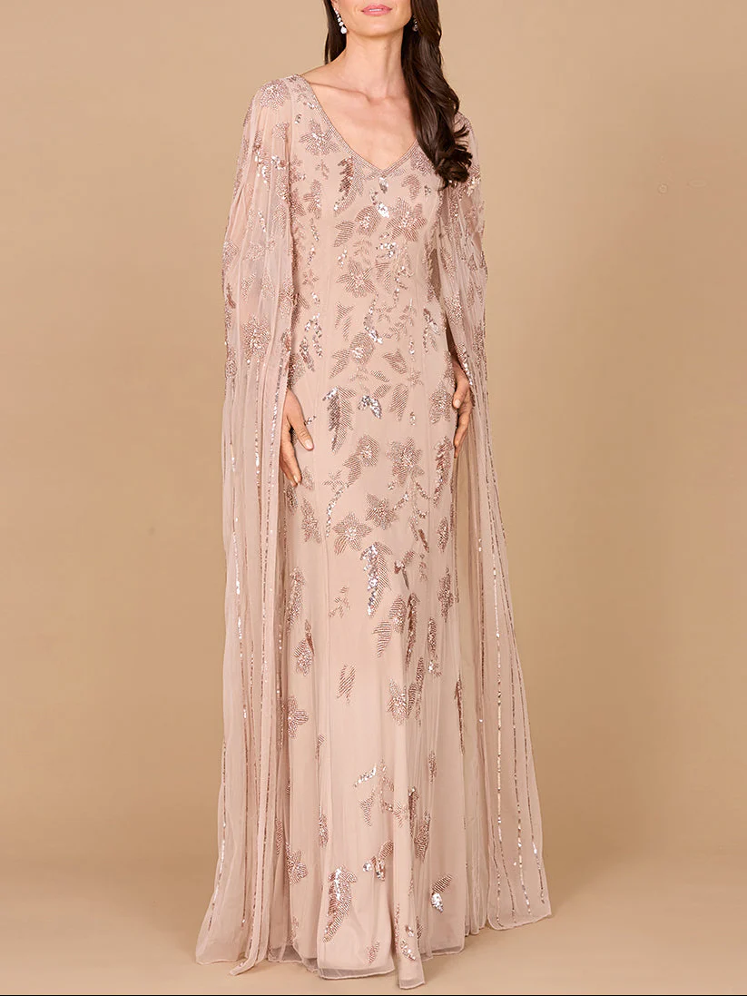 Beaded Sheath Dress with Long Cape