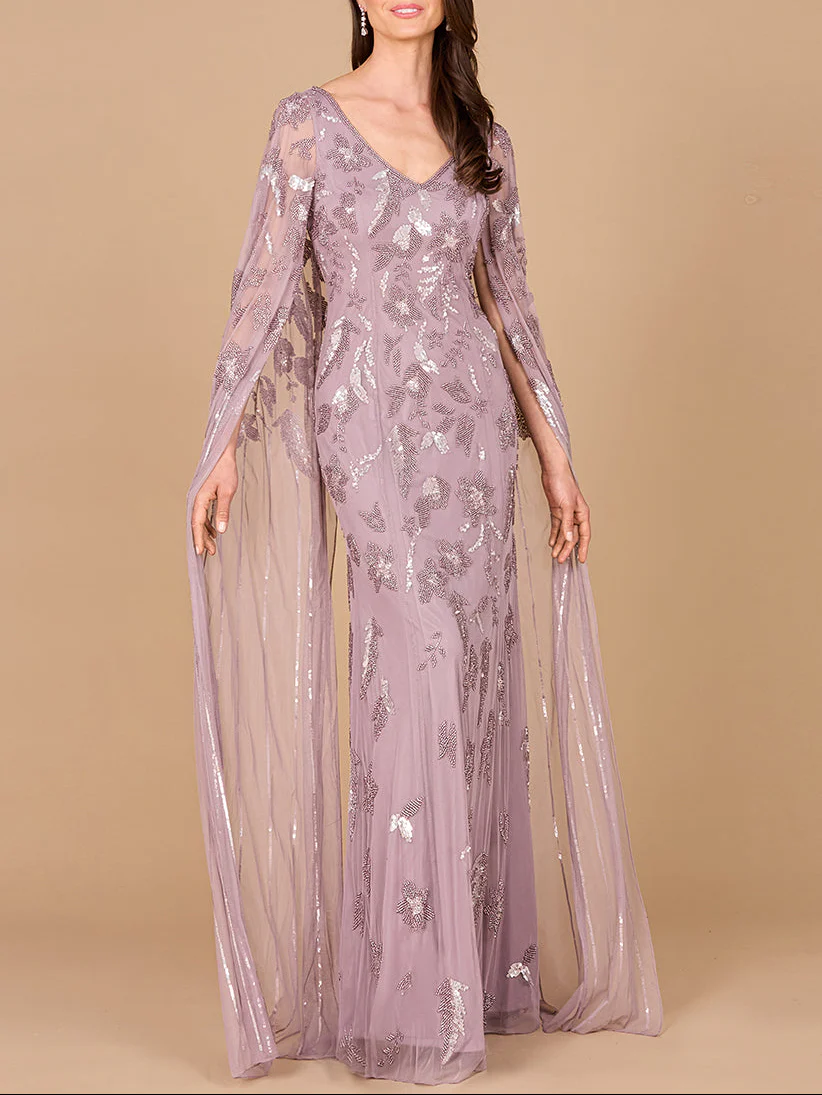 Beaded Sheath Dress with Long Cape - Image 2