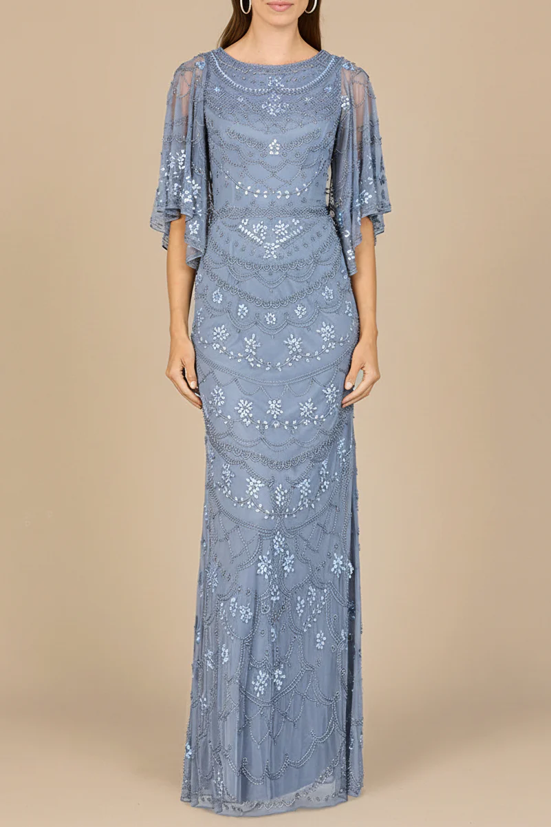 High Neck, Cape Sleeve Beaded Gown - OUTLET