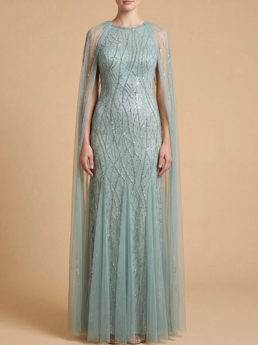 Elegant Beaded Dress with Long Cape - Image 2