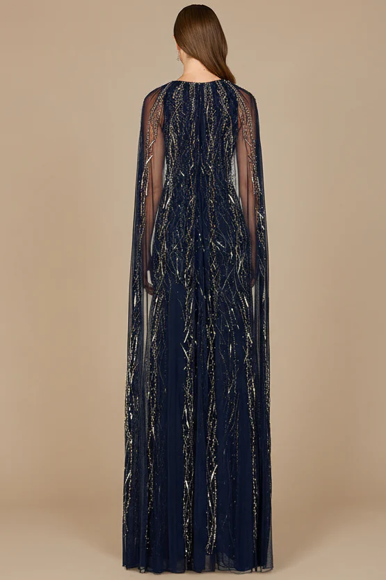 Elegant Beaded Dress with Long Cape - Image 3