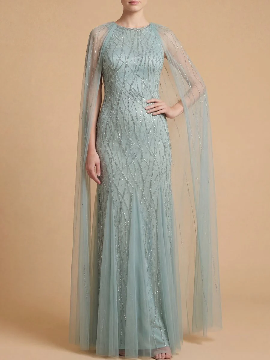 Elegant Beaded Dress with Long Cape - Image 4