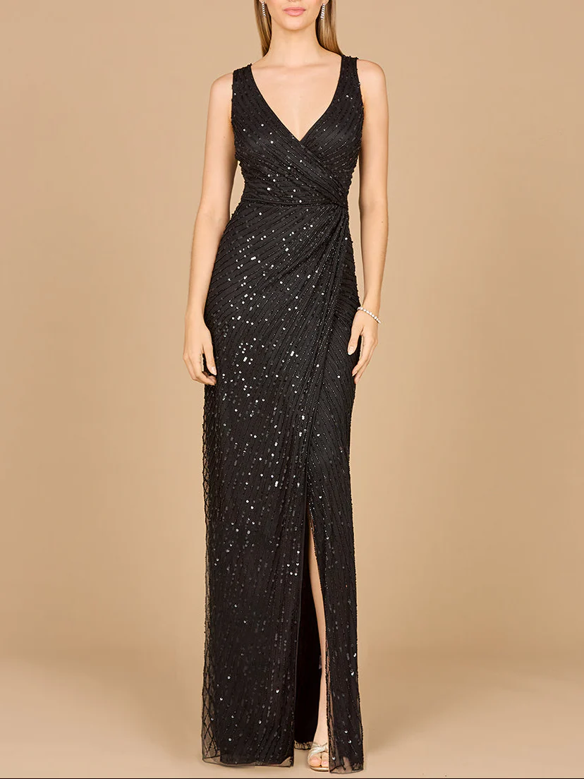 Beaded Black Gown with Slit - Image 2