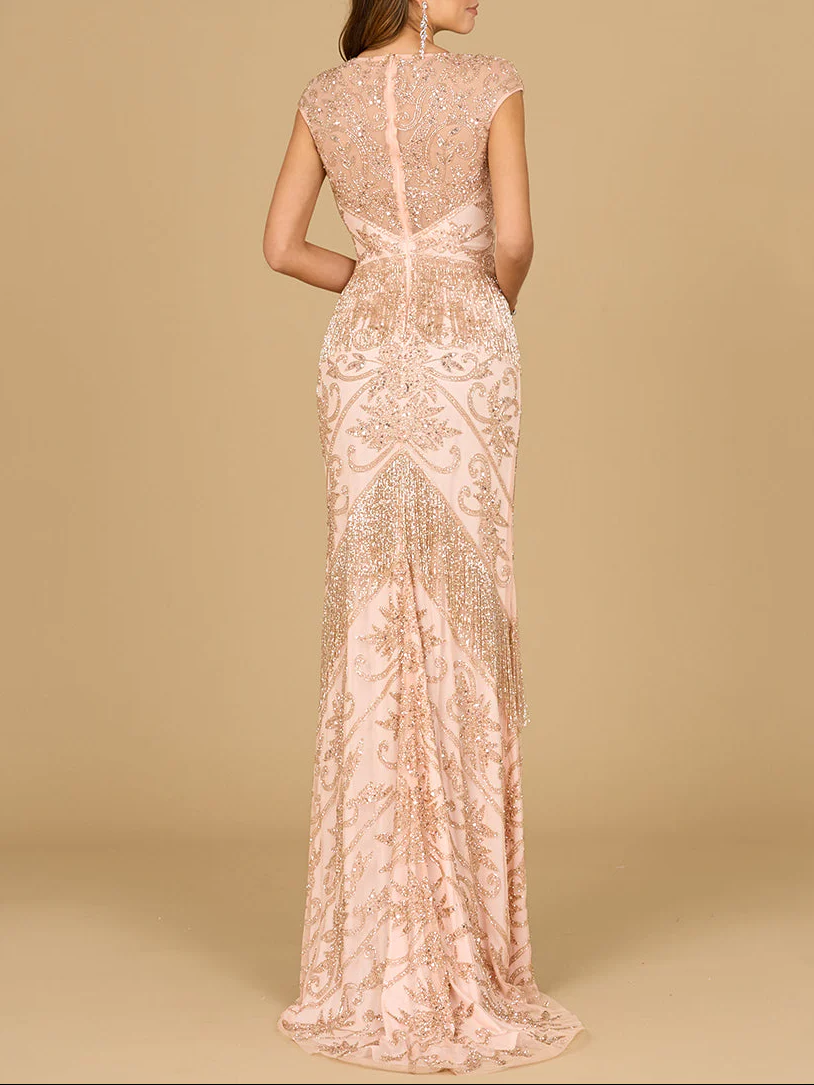 Cap Sleeve Beaded Gown with Fringe | 29098 - Image 2