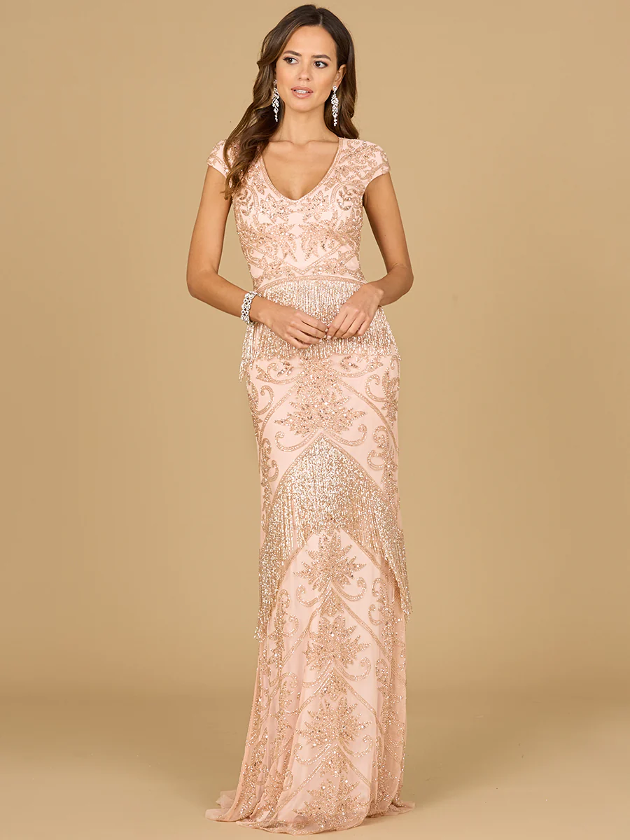 Cap Sleeve Beaded Gown with Fringe | 29098 - Image 3