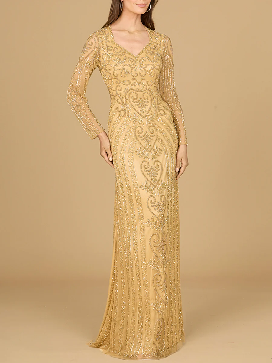 V Neck Beaded Long Sleeve Dress