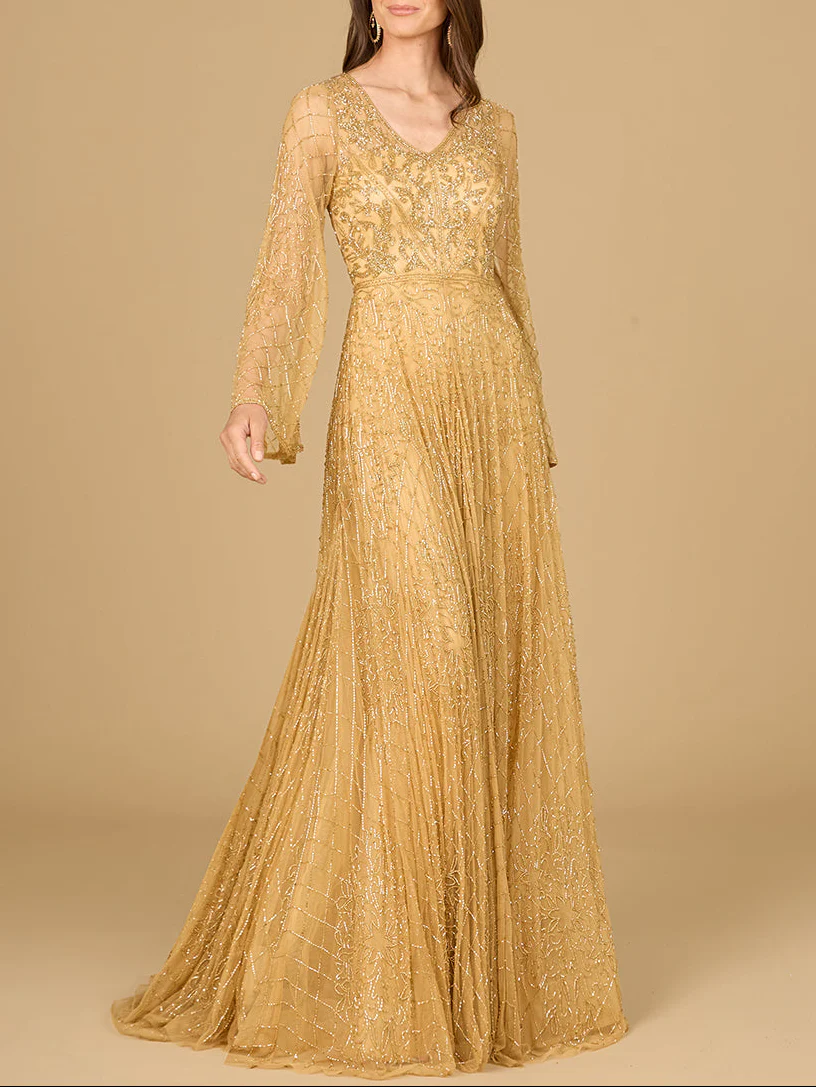 Beaded Long Dress with Flare Sleeves - Image 2